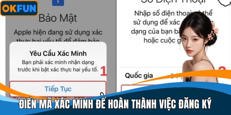Điền mã xác minh để hoàn thành việc đăng ký